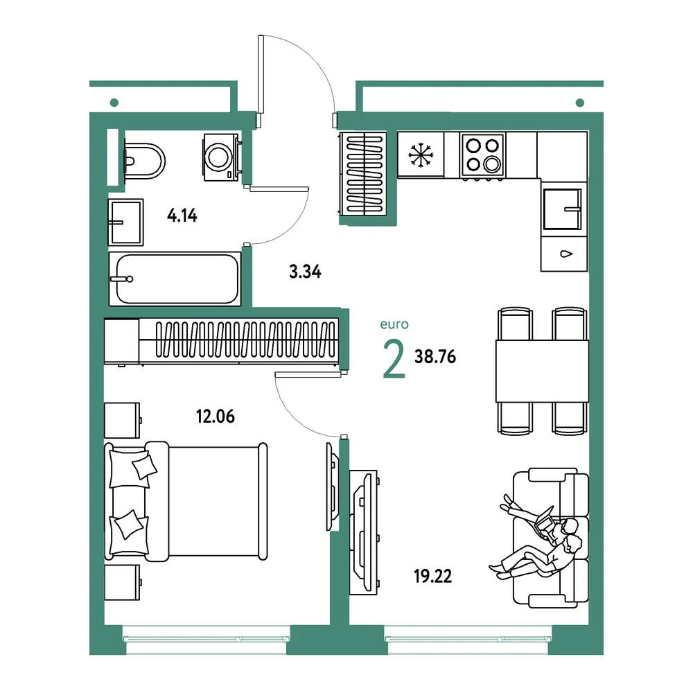 Планировка: Страна.Прибрежная 2-комнатная 38,76м²