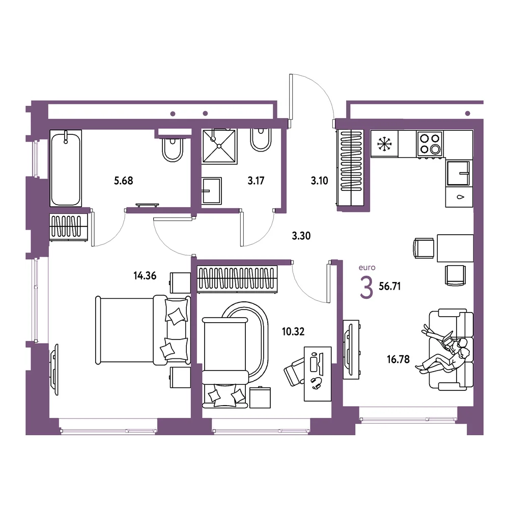 Планировка: Страна.Прибрежная 3-комнатная 56,71м²