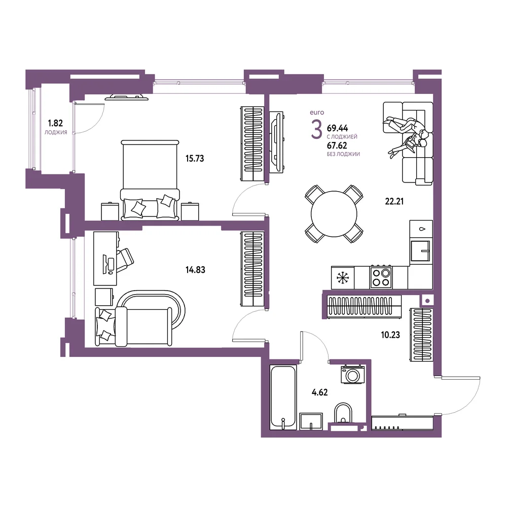 Планировка: Страна.Прибрежная 3-комнатная 69,44м²
