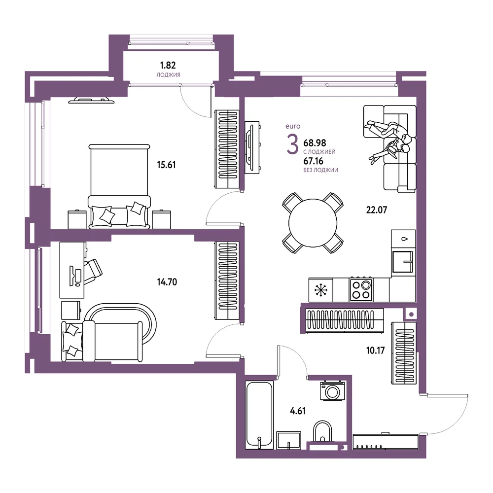 Планировка: Страна.Прибрежная 3-комнатная 68,98м²