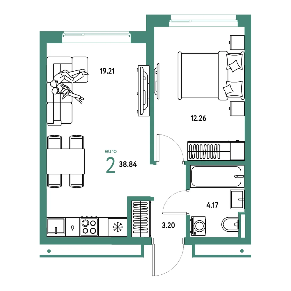 Планировка: Страна.Прибрежная 2-комнатная 38,84м²
