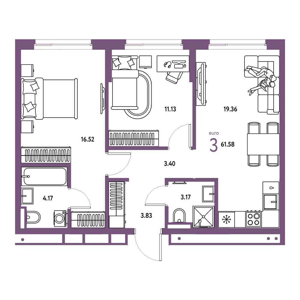 Планировка: Страна.Прибрежная 3-комнатная 61,58м²