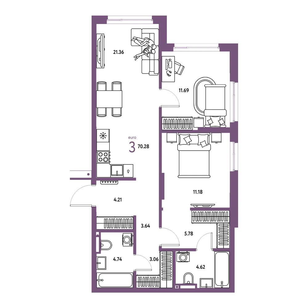 Планировка: Страна.Прибрежная 3-комнатная 70,28м²