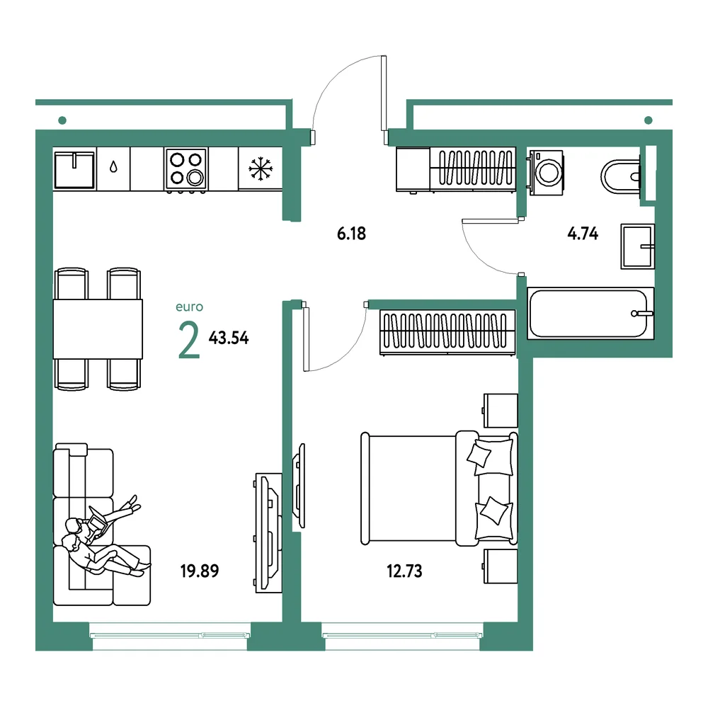 Планировка: Страна.Прибрежная 2-комнатная 43,54м²
