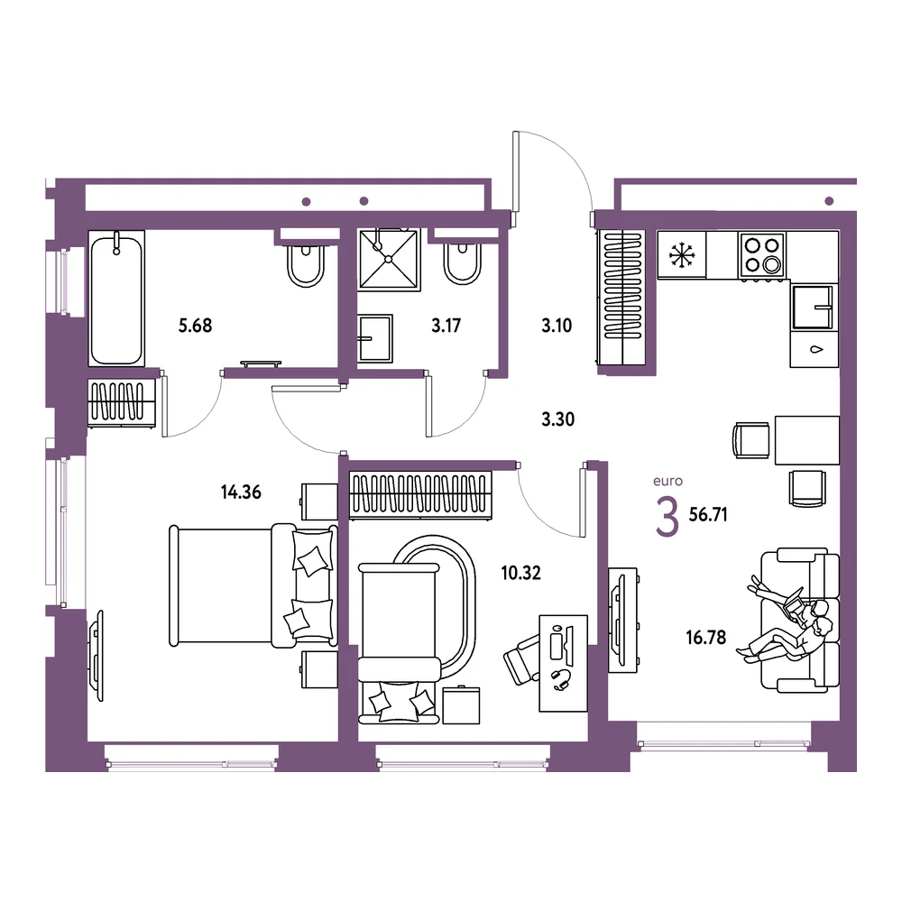 Планировка: Страна.Прибрежная 3-комнатная 56,71м²