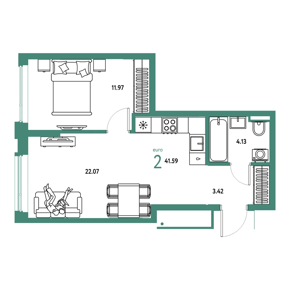 Планировка: Страна.Прибрежная 2-комнатная 41,59м²