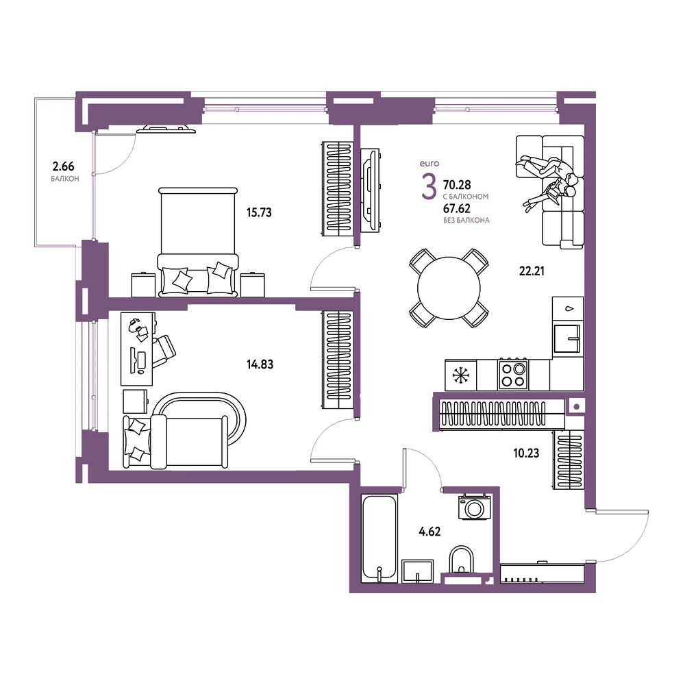 Планировка: Страна.Прибрежная 3-комнатная 70,28м²