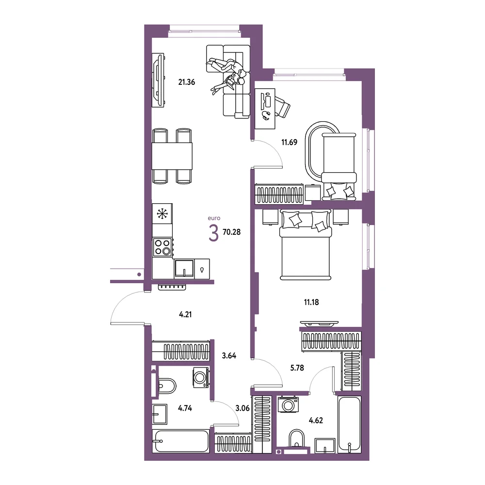 Планировка: Страна.Прибрежная 3-комнатная 70,28м²