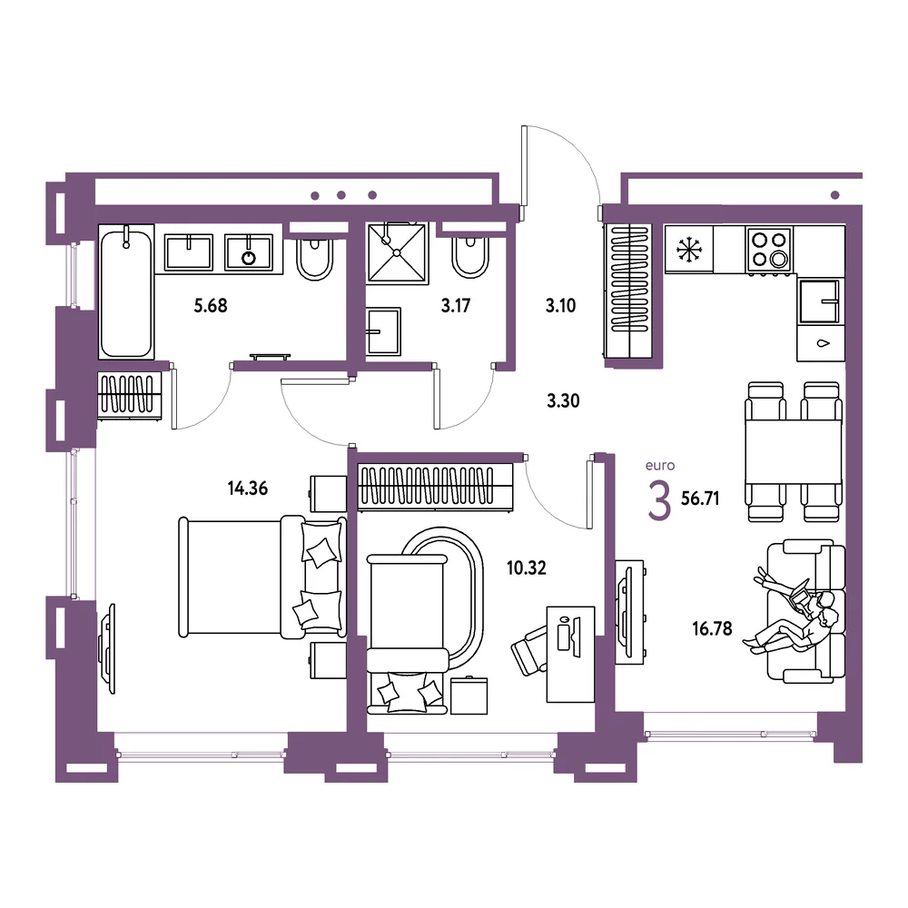 Планировка: Страна.Прибрежная 3-комнатная 56,71м²