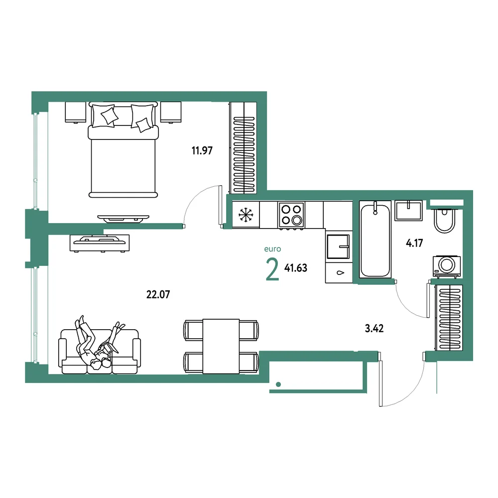 Планировка: Страна.Прибрежная 2-комнатная 41,63м²