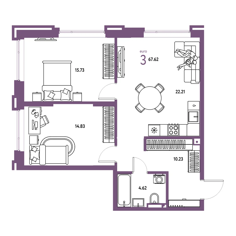Планировка: Страна.Прибрежная 3-комнатная 67,62м²