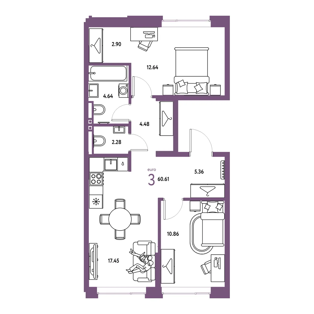 Планировка: Страна.Прибрежная 3-комнатная 60,61м²