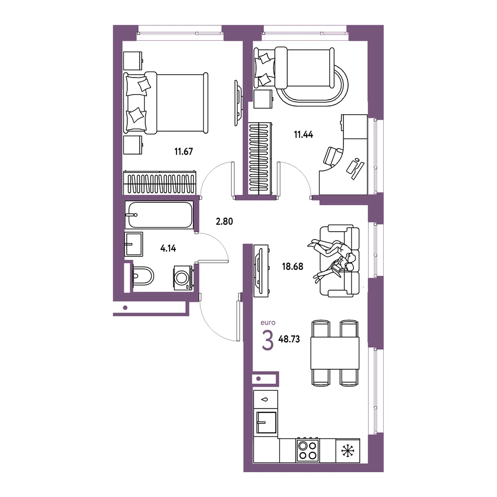 Планировка: Страна.Прибрежная 3-комнатная 48,73м²