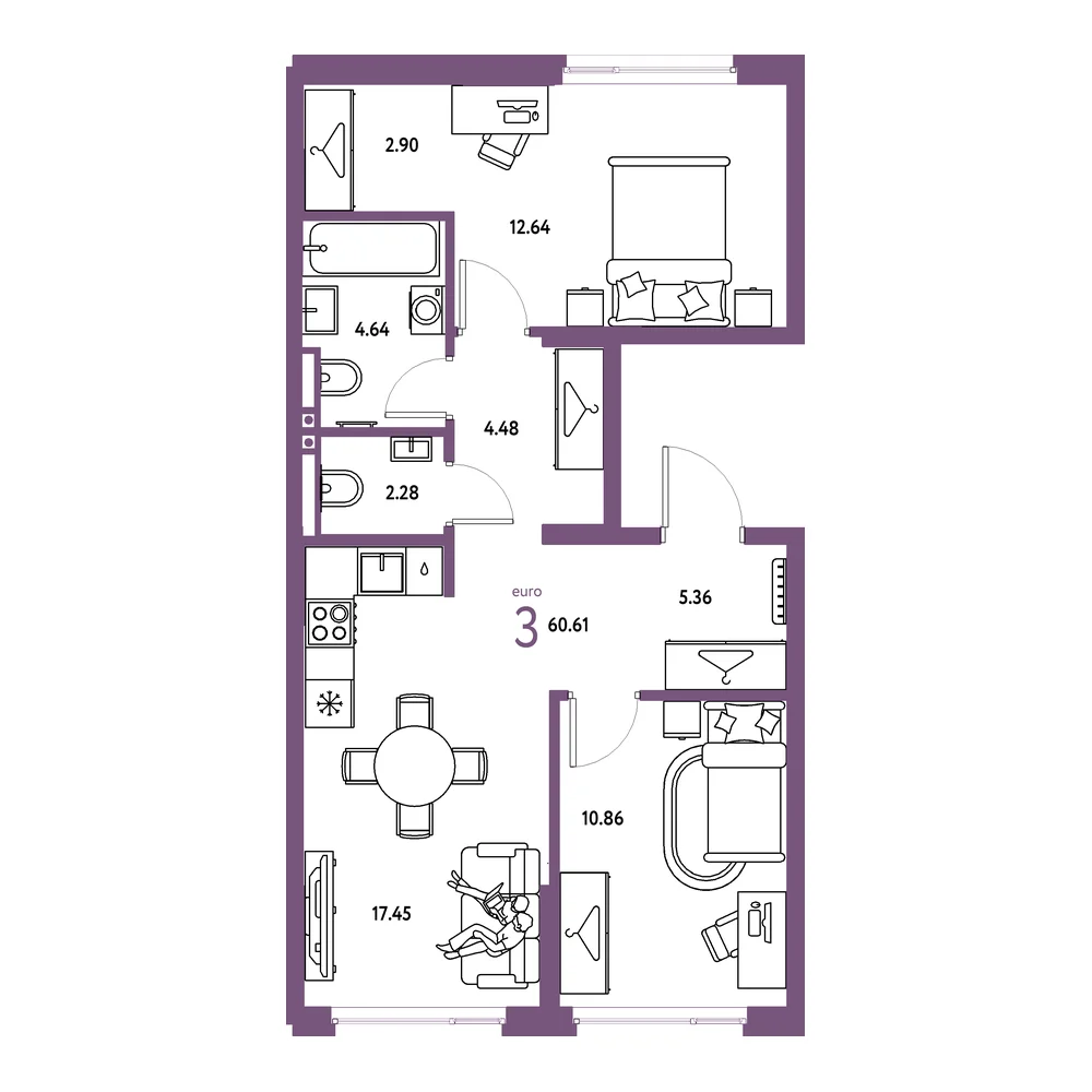 Планировка: Страна.Прибрежная 3-комнатная 60,61м²