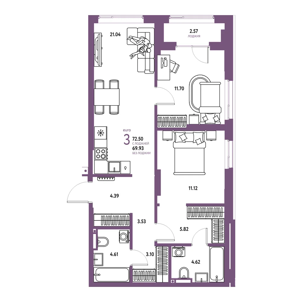 Планировка: Страна.Прибрежная 3-комнатная 72,50м²