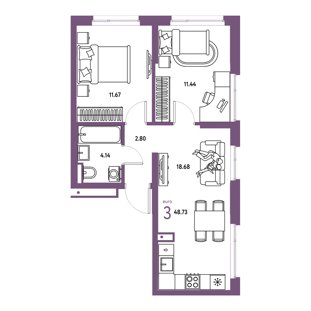 Планировка: Страна.Прибрежная 3-комнатная 48,73м²