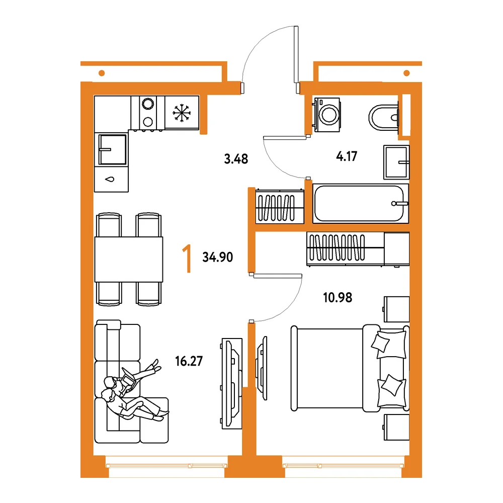 Планировка: Страна.Прибрежная 1-комнатная 34,90м²