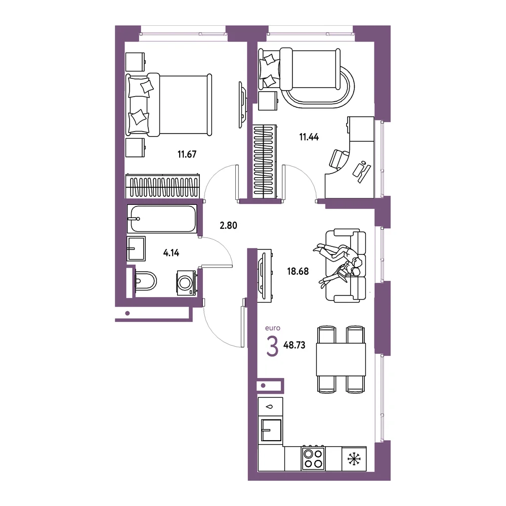 Планировка: Страна.Прибрежная 3-комнатная 48,73м²