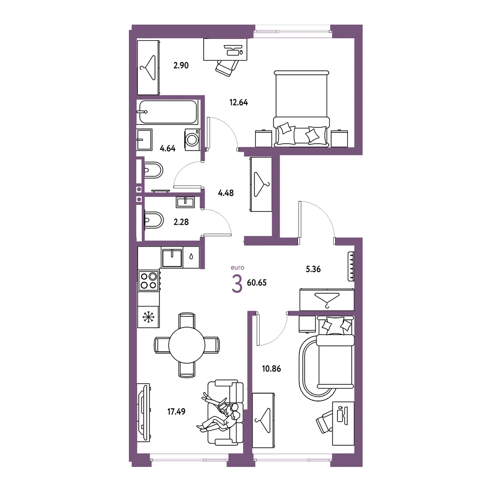 Планировка: Страна.Прибрежная 3-комнатная 60,65м²