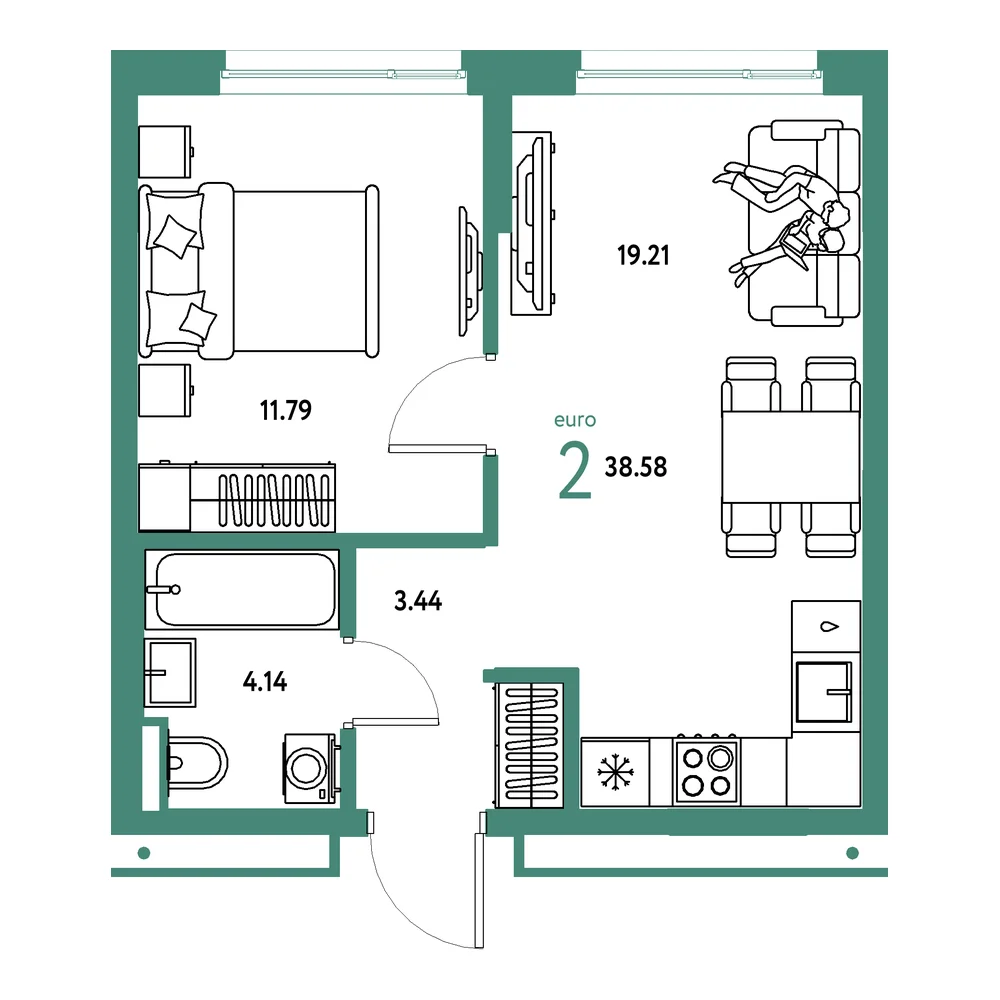 Планировка: Страна.Прибрежная 2-комнатная 38,58м²