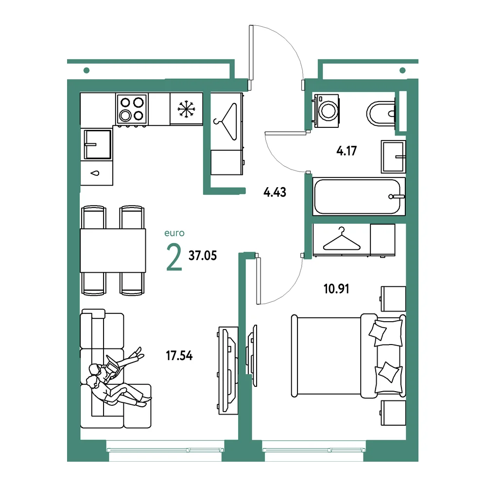 Планировка: Страна.Прибрежная 2-комнатная 37,05м²