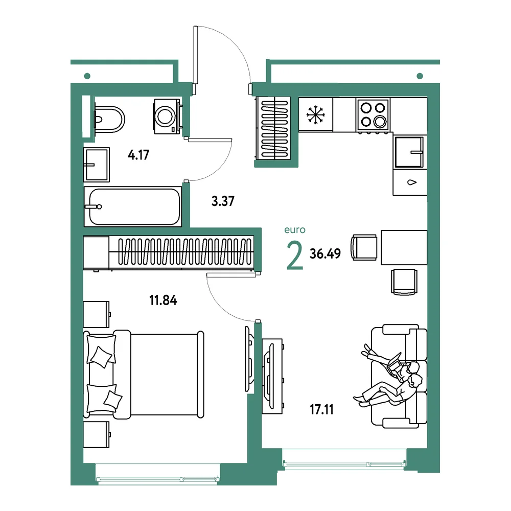 Планировка: Страна.Прибрежная 2-комнатная 36,49м²