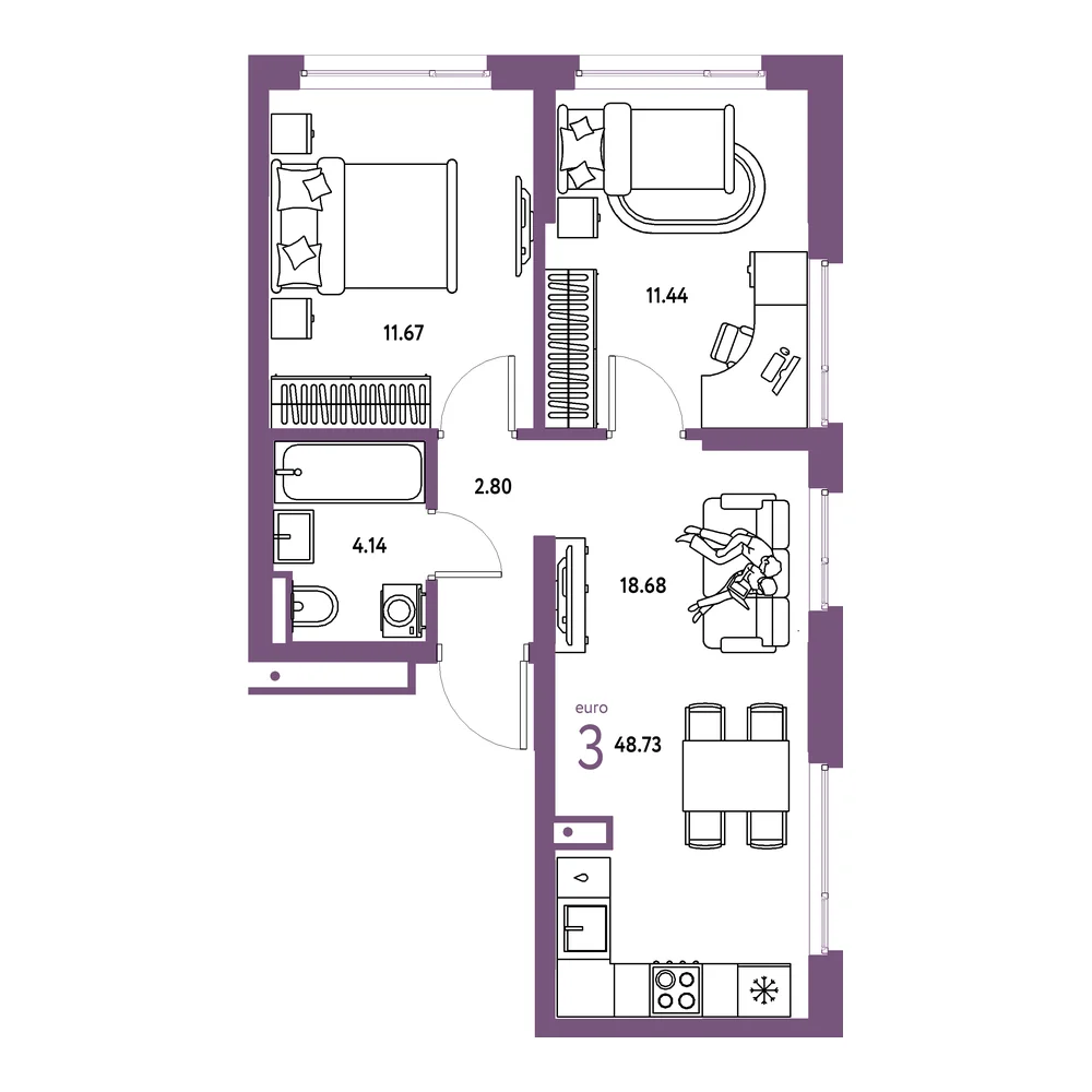 Планировка: Страна.Прибрежная 3-комнатная 48,73м²