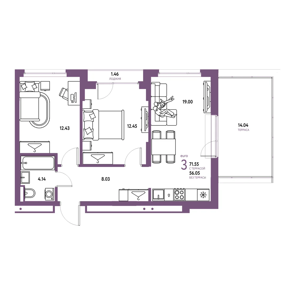 Планировка: Страна.Прибрежная 3-комнатная 71,55м²