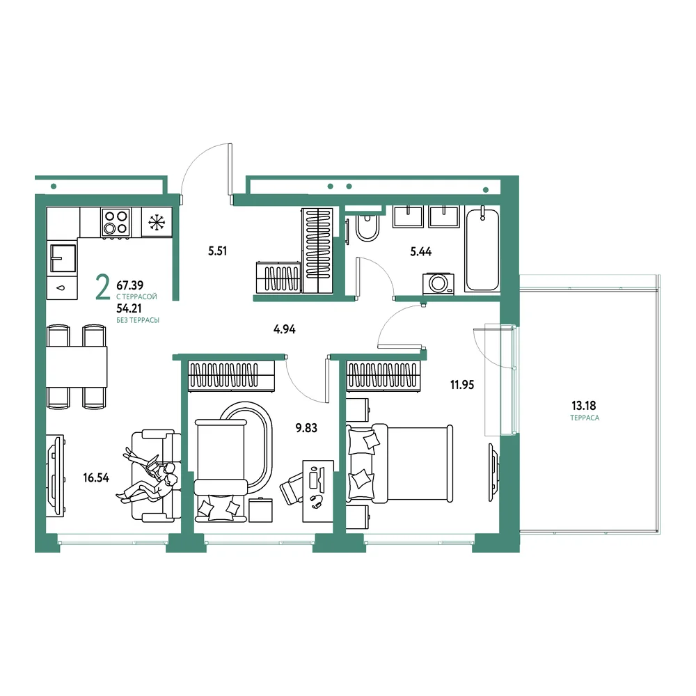 Планировка: Страна.Прибрежная 2-комнатная 67,39м²