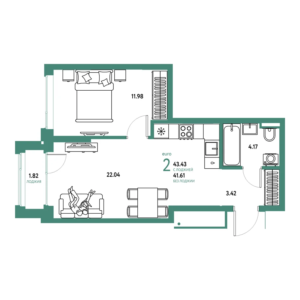 Планировка: Страна.Прибрежная 2-комнатная 43,43м²