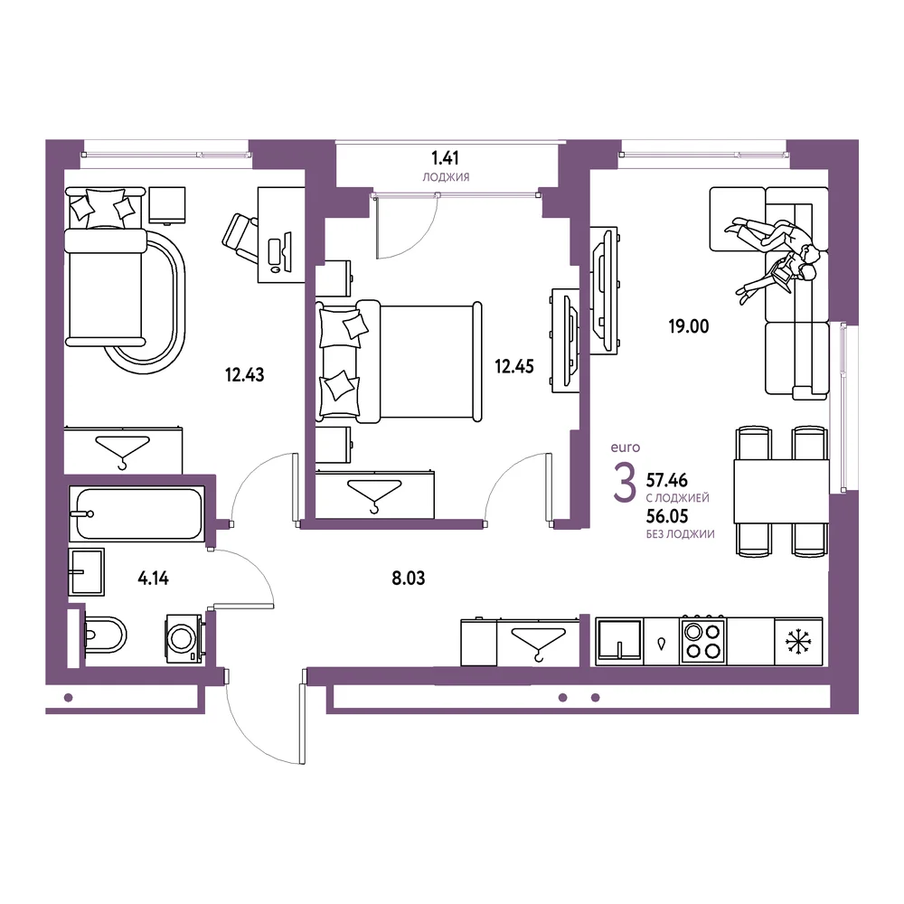Планировка: Страна.Прибрежная 3-комнатная 57,46м²