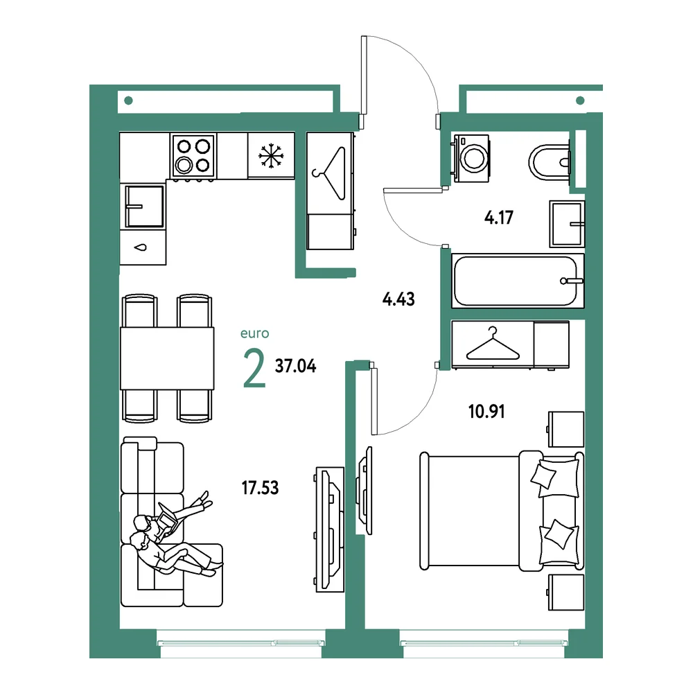 Планировка: Страна.Прибрежная 2-комнатная 37,04м²