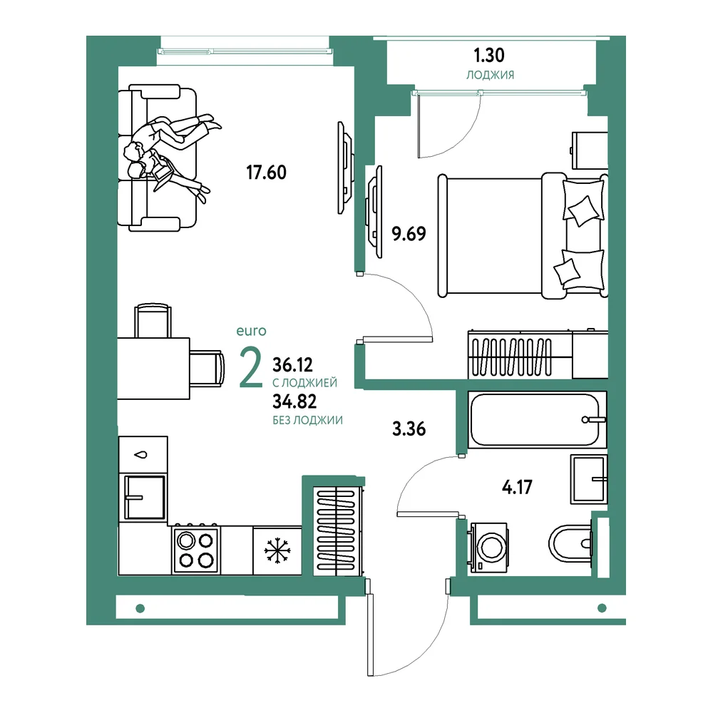 Планировка: Страна.Прибрежная 2-комнатная 36,12м²