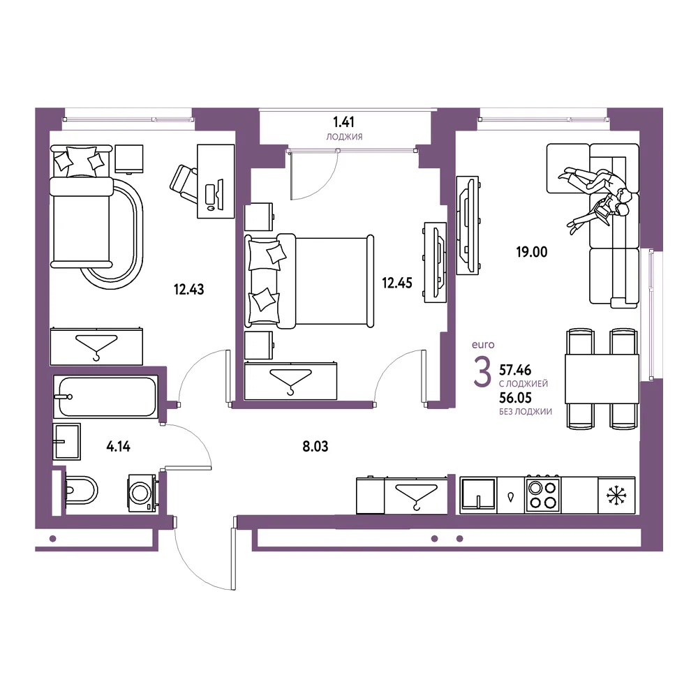 Планировка: Страна.Прибрежная 3-комнатная 57,46м²