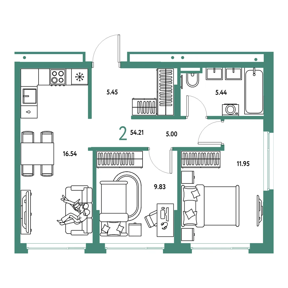Планировка: Страна.Прибрежная 2-комнатная 54,21м²