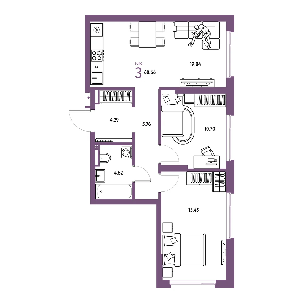 Планировка: Страна.Прибрежная 3-комнатная 60,66м²