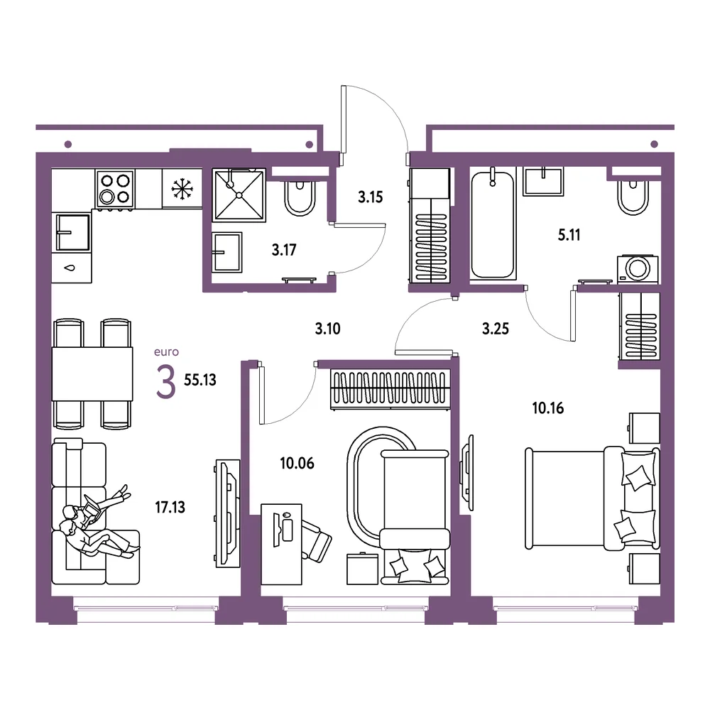 Планировка: Страна.Прибрежная 3-комнатная 55,13м²