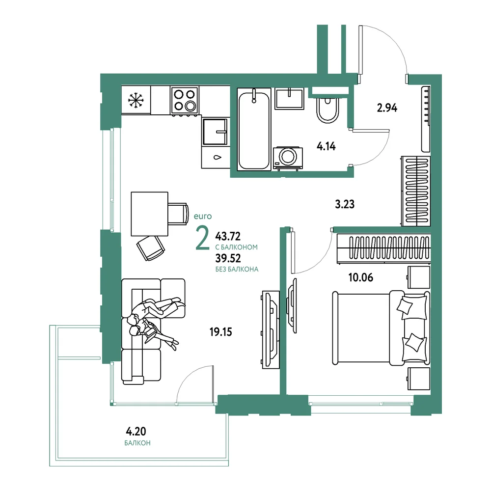 Планировка: Страна.Прибрежная 2-комнатная 43,72м²