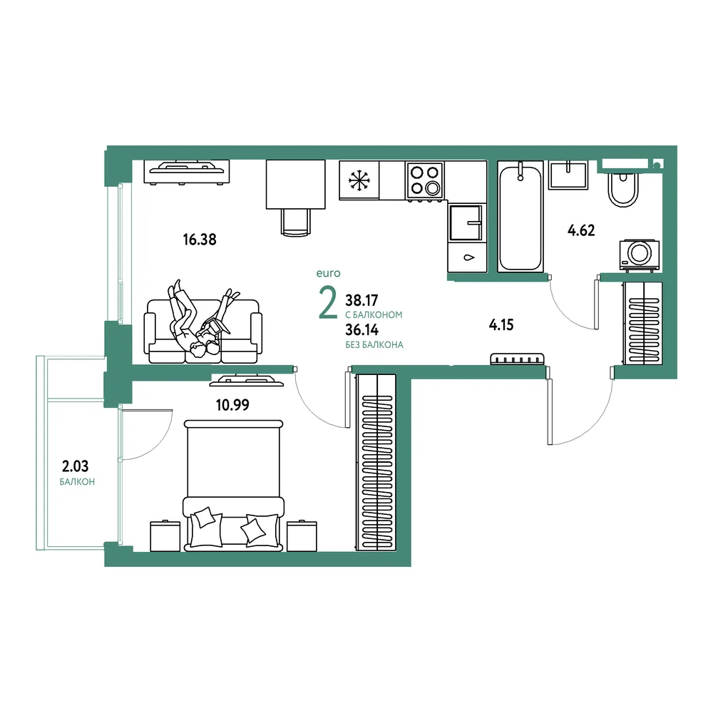 Планировка: Страна.Прибрежная 2-комнатная 38,17м²