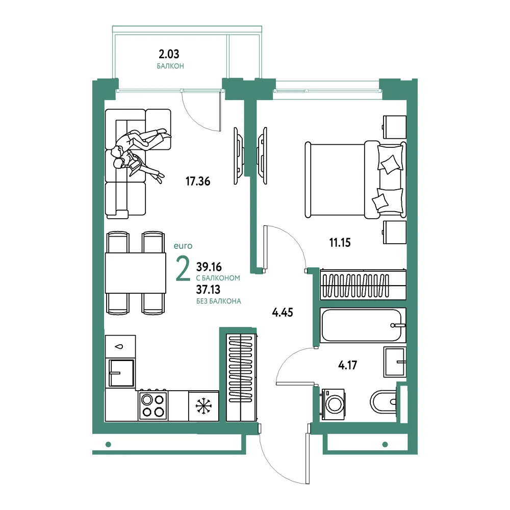 Планировка: Страна.Прибрежная 2-комнатная 39,16м²