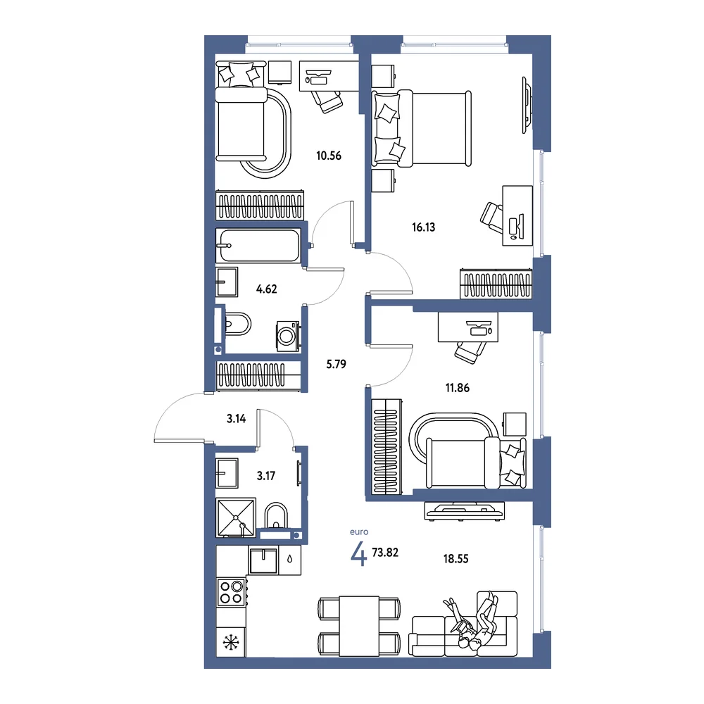 Планировка: Страна.Прибрежная 4-комнатная 73,82м²