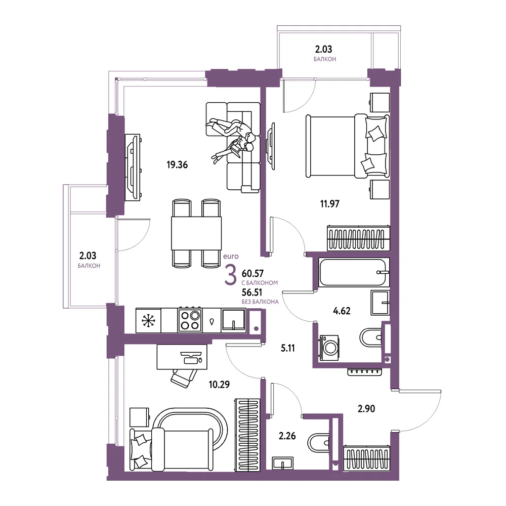 Планировка: Страна.Прибрежная 3-комнатная 60,57м²