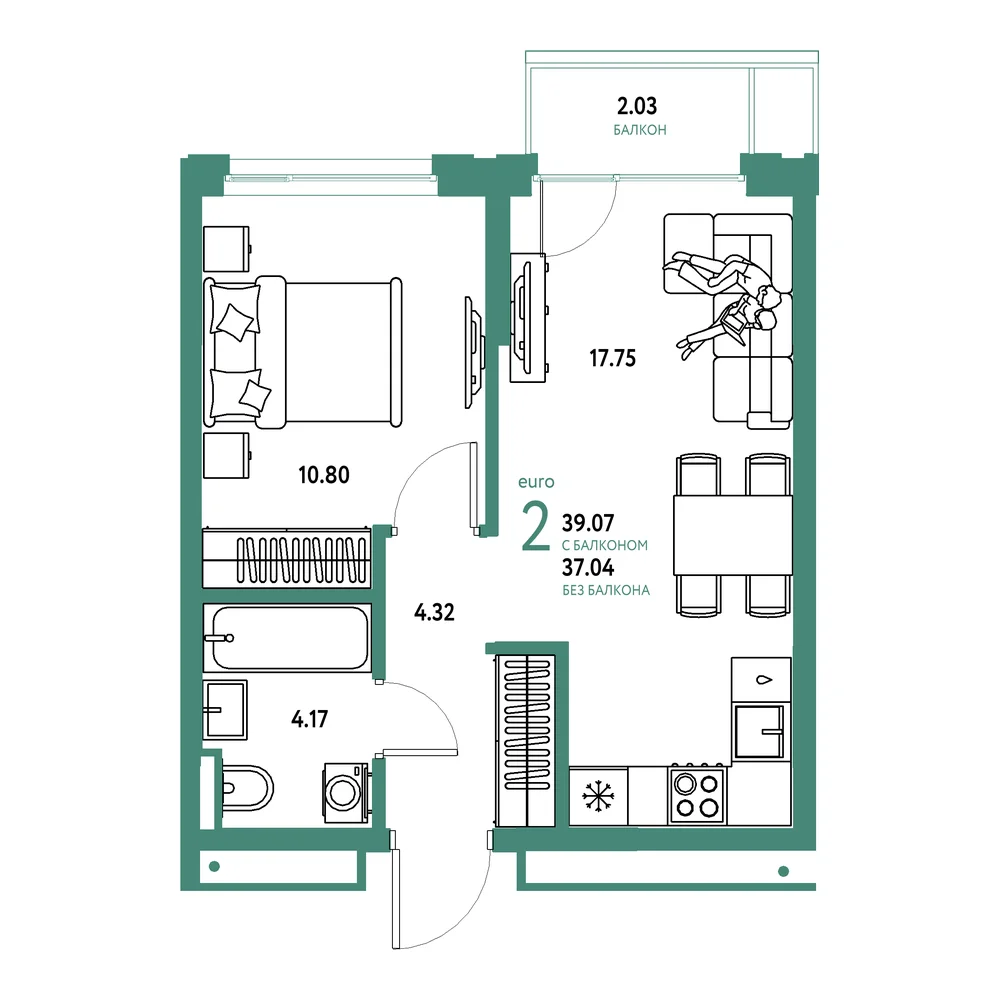 Планировка: Страна.Прибрежная 2-комнатная 39,07м²