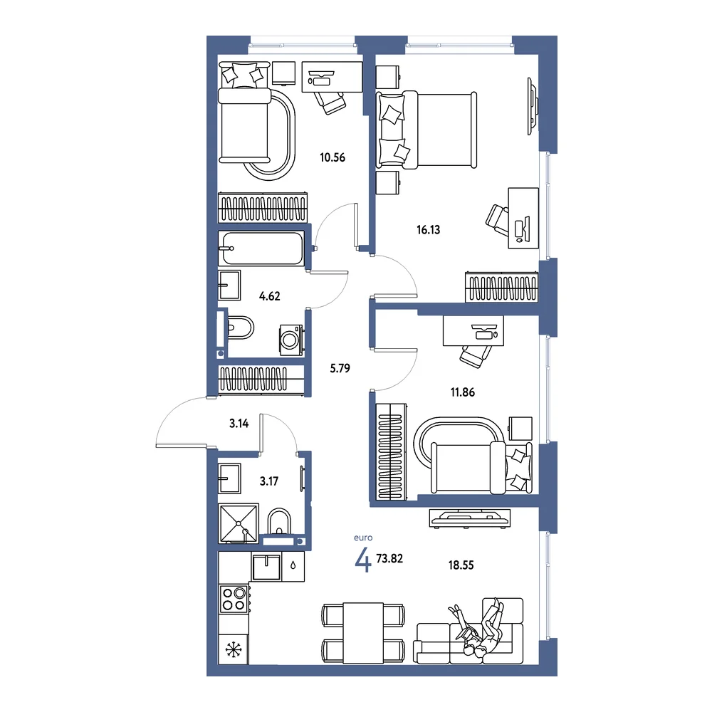 Планировка: Страна.Прибрежная 4-комнатная 73,82м²