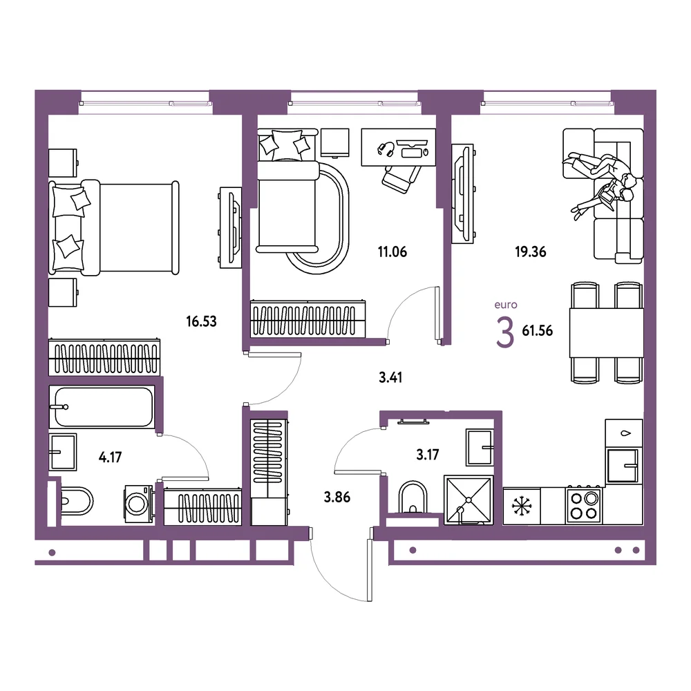 Планировка: Страна.Прибрежная 3-комнатная 61,56м²