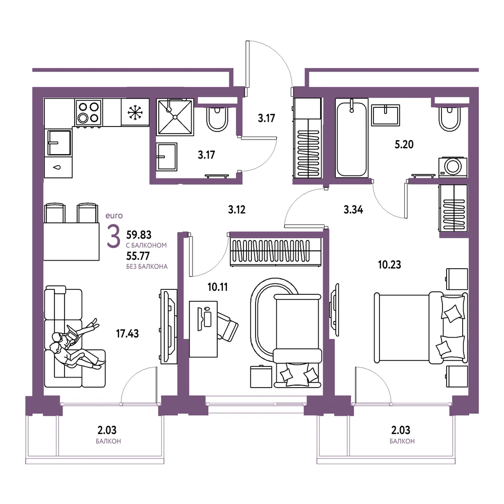 Планировка: Страна.Прибрежная 3-комнатная 59,83м²
