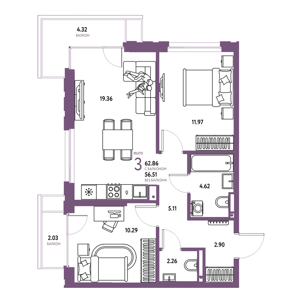Планировка: Страна.Прибрежная 3-комнатная 62,86м²