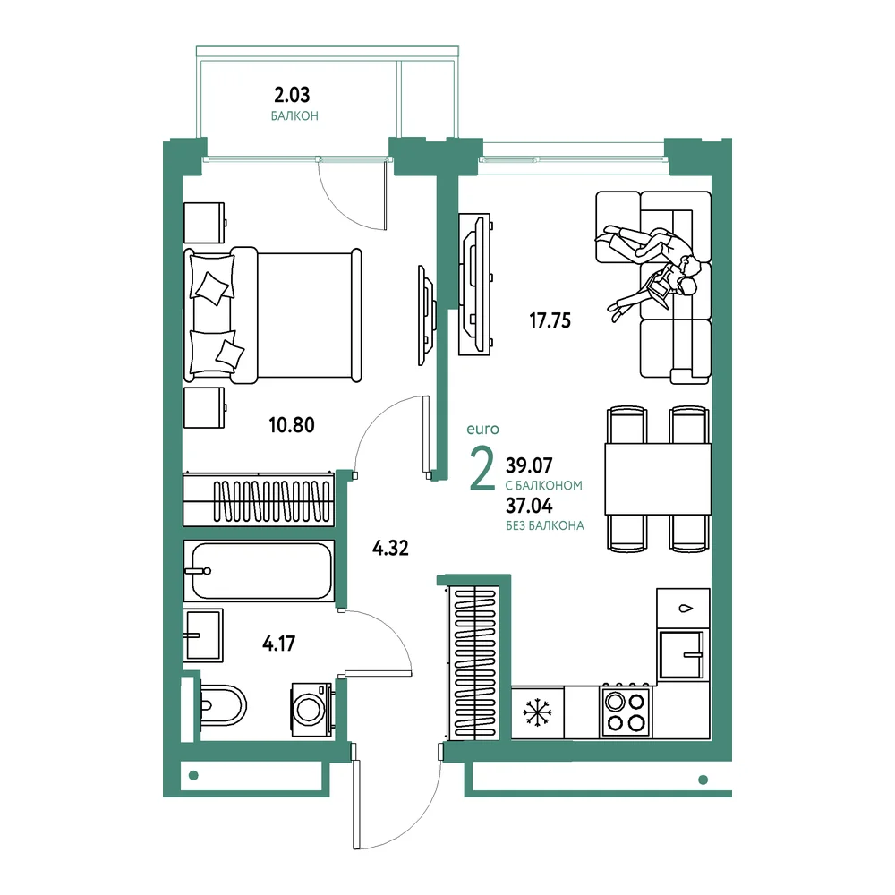 Планировка: Страна.Прибрежная 2-комнатная 39,07м²