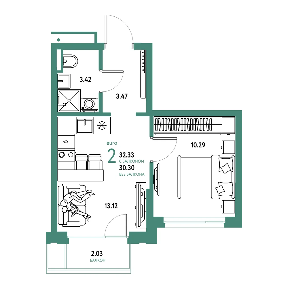 Планировка: Страна.Прибрежная 2-комнатная 32,33м²