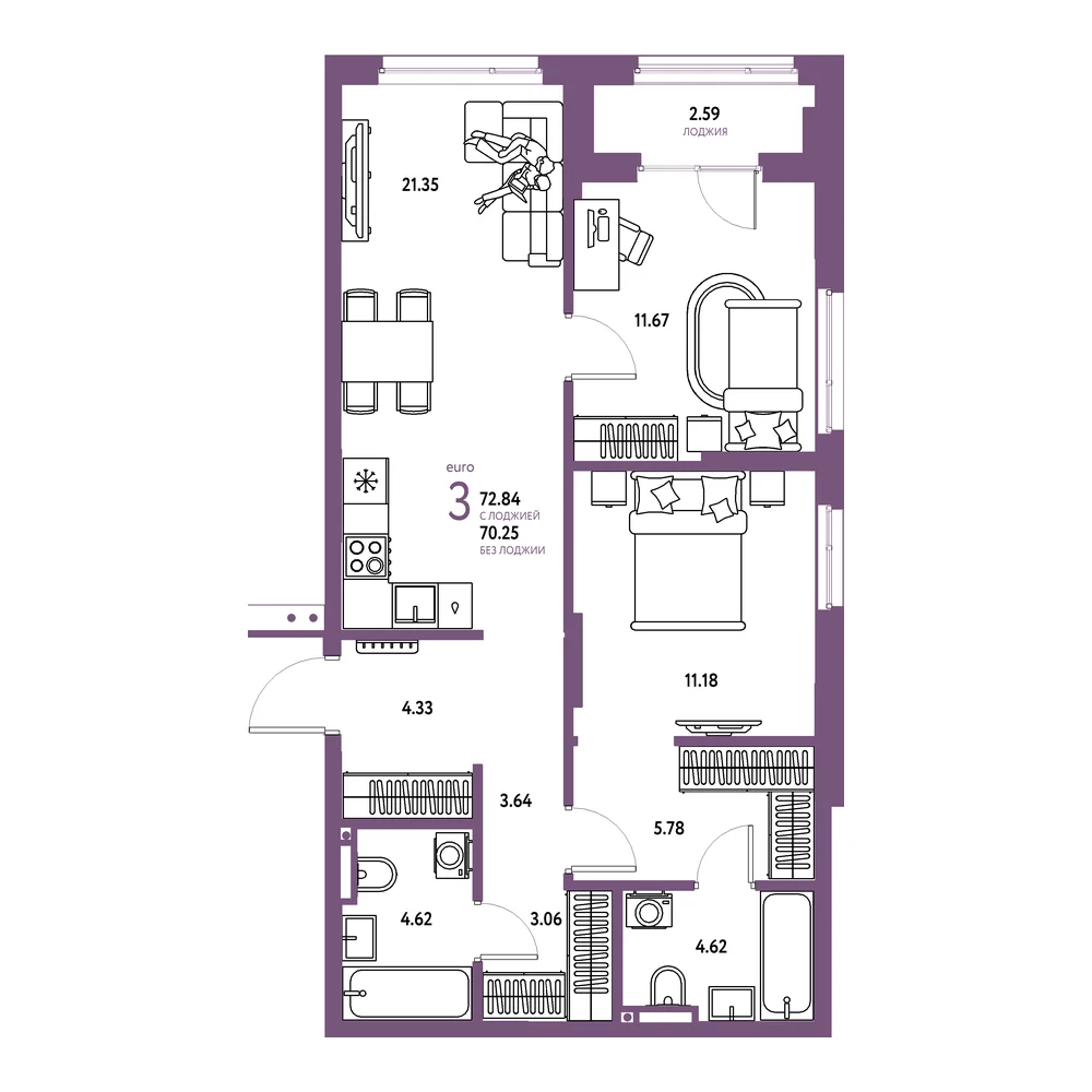 Планировка: Страна.Прибрежная 3-комнатная 72,84м²